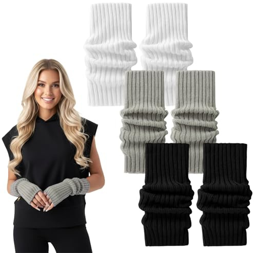 VelvetGlow guanti senza dita, 3 paia di guanti a maglia senza dita, carini guanti da donna senza dita con foro per il pollice, elastici, caldi, a manica lunga