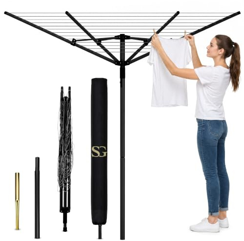 SG Rotary Washing Line 60m – Heavy Duty 4 Arm Outdoor Clothes Airer with Cover & Ground Spike, Weather Resistant Garden Laundry Dryer for Large Family Laundry Drying - (Black)