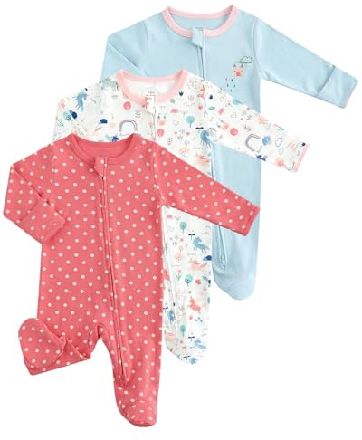 WYTbaby 3er Pack Baby Schlafanzug Baumwolle Strampler, Langarm Baby Overall Bekleidungssets mit Fußteil Und Umklappbaren Fäustlingen für 0-12 Monate