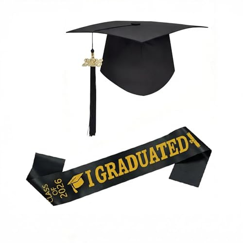 Satiskid Abschluss hut Set 2026 mit Prüfung Bestanden Schärpe, Bachelor Hut Verstellbar Unisex, Doktorhut mit Quaste 2026, Absolventenhut Schwarz für Universität, Graduation Deko Set Geschenk