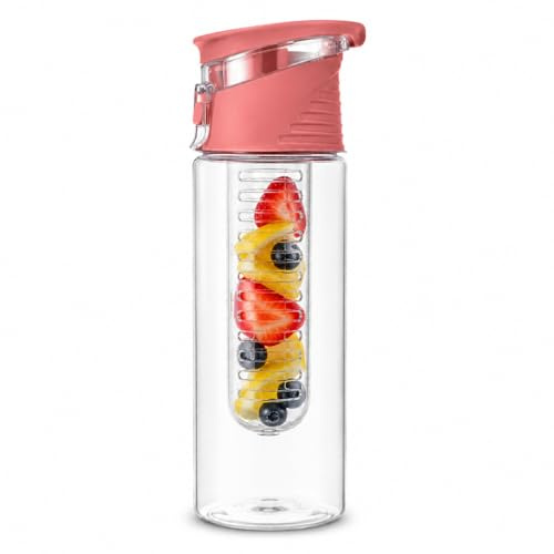 ZHOME Water Bottle Fruit Infuser 700ml BPA Free Tritan Sports Bottle with Flip Top Leak Proof Lid Reusable Infused Water Bottle for Gym Fitness Detox Hydration Office School Travel Outdoor Use (PINK)