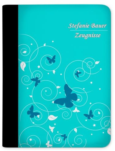 CreaDesign Customize A4 Zeugnismappe für Kinder - 26.7 x 32.7 x 1 cm, erweiterbar auf bis zu 20 Fächer, Sichtbuch ohne Klarsichthüllen, Schmetterling Türkis Design, Dokumentenmappe für Schüler