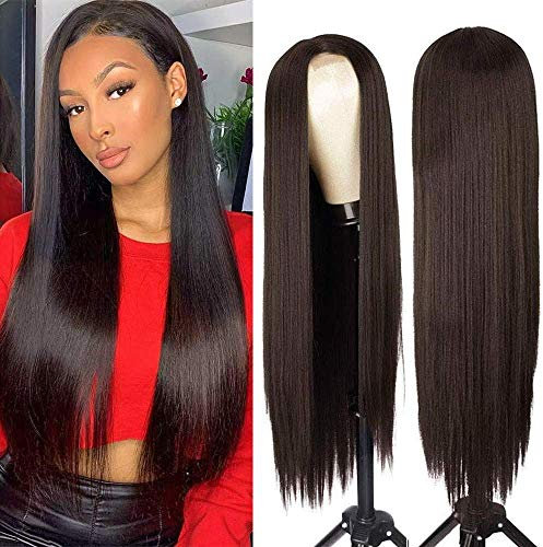 PORSMEER Perücke Damen Braun Lang Glatt Gerade Perücken für Frauen/Mädchen/Afro Natürliche Synthetische Haar Mittelteil Spitze Perücke Party/Kostüm Dunkelbraune