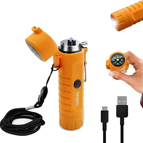SKRFIRE Electric USB Rechargeable Lighter with LED Flashlight& Compass,Windproof Arc Lighters Waterproof,Dual Arc Plasma Lighter(Orange)