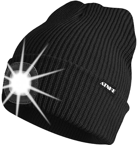 ATNKE Unisex LED Mütze mit Licht,Wiederaufladbare USB 4 LED Beleuchtete Laufmütze Extrem Heller Lampe Winter Warme Stricken Mütze für Herren und Damen Geschenke/Black
