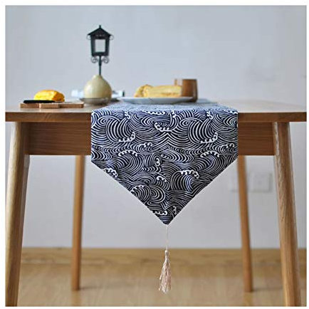 EHOMERY Gastro Tischdecken, Tischdeko Hochzeit Blau Weiss Welle Tischläufer Cotton and Linen 30x180CM