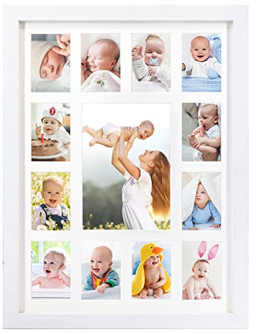 FramePro Bilderrahmen für das erste Jahr des Babys, in weißem Rahmen mit Passepartout, zeigt ein 12 x 17 cm großes Foto und zwölf 6 x 8 cm große Bilder