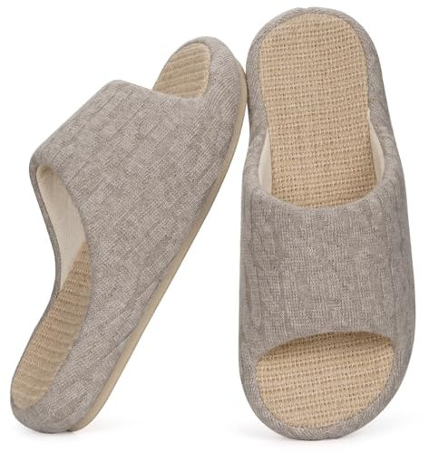Eagsouni Herren Damen Hausschuhe bequem Memory-Schaum Slide-Schuhe rutschfeste Sohle Schlafzimmer gemütlich Innenbereich Leinen Hausschuhe, Khaki, 39/40 EU