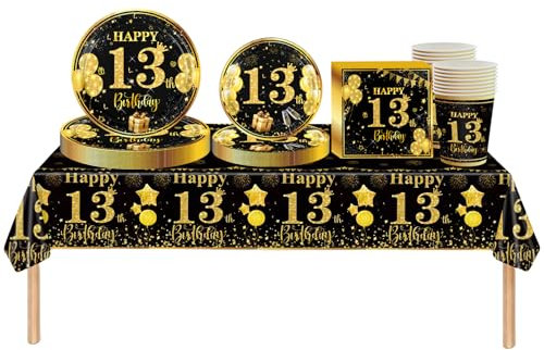 69pcs Black Gold 13th Birthday Decorations - Boys & Girls, Tableware Set with Tablecloth, Paper Plates, Napkins, Cups for 13th Birthday Table Decoration