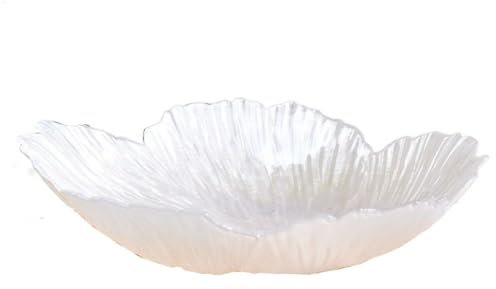 White Glass Fruit Bowl Plate - Flower-Shaped Candy Dish, Irregular Crystal Fruits Dessert Tray Holder (Large, White)