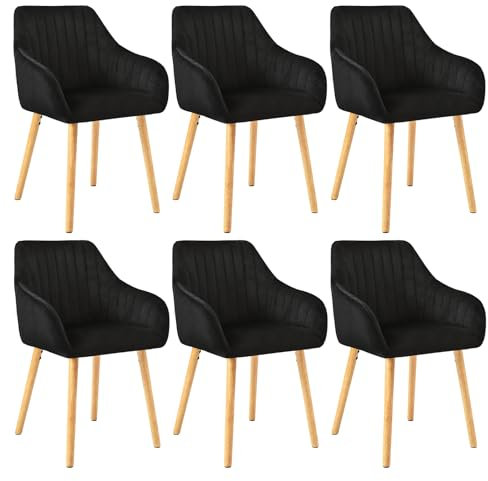 Goeurvant Chaises Noir Velours Salle à Manger avec Accoudoirs Lot de 6, Chaise de Cuisine Rembourrée et Pieds en Bois pour Salon Cuisine et Bureau