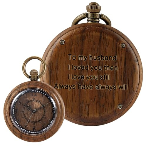 Tiong Montre de poche vintage à quartz faite à la main en bambou antique avec chaîne pendentif pour homme et boîte cadeau