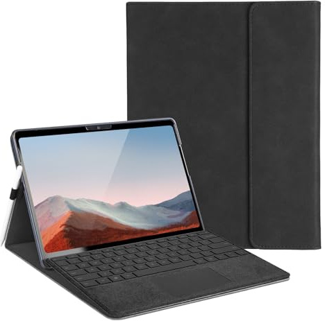 SSS·GRGB Hülle für Surface Go 4/3/2/1 10 Zoll, mit Stifthalter, Schwarz | PU-Leder außen, TPU-Rahmen innen, Type-Cover-kompatibel, mehrere Aufstellwinkel, Magnetverschluss, wärmeableitend, passgenau