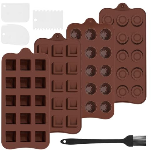 Silikon Schokoladenformen 4er Set,15 Mulden Backformen mit 3 Schablonen & Pinsel - Pralinenform Eiswürfelform für Kekse,Bonbons,Kuchen Deko - Antihaft Spülmaschinenfest