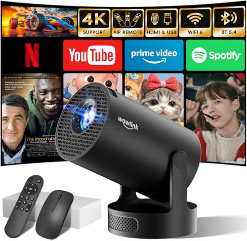 [Apps integradas & 2025 Upgraded] Mini Proyector con WiFi 6 Bluetooth 5.4 Support 4K 1080P Auto Keystone 180° Rotable Proyector Portátil Compatibile con HDMI/TV Stick/Memory Stick/Laptop, Negro