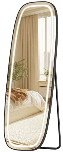 Hzuaneri Miroir sur Pied LED, 160 x 50 cm, Miroir sur Pied avec Support, Miroir Mural, 3 Couleurs de Lumière, Luminosité Réglable, pour la Chambre à Coucher, Le Salon, Noir DM41801B