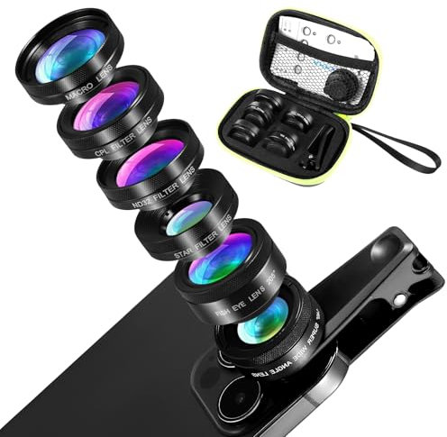 Kit per obiettivo cellulare 6 in 1, obiettivo macro mobile, obiettivo Fisheye 205°, grandangolo 140°, lente macro (25x), lenti Starlight Lens, ND32/CPL per smartphone iPhone e Most