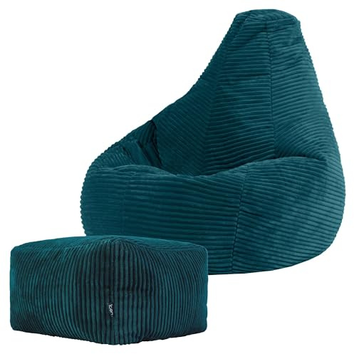 icon Dalton Kids Cord Bean Bag & Footstool with Filling Included, Teal | Made in the UK, Kids Beanbag, Soft Corduroy Fabric, Floor Chair for Playroom or Bedroom