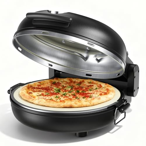 12 Electric Pizza Oven, 5-minutes Countertop Pizza Maker with Stone Base, Timer & 5 Temp Settings, 420°C Max,1200W, Visible Glass Window, Portable & Easy to Clean Kitchen Pizza's Maker Machine