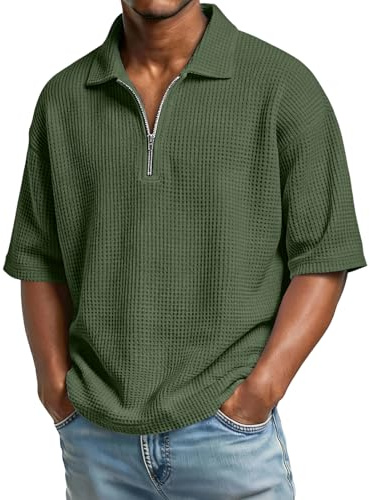 Herren Polo Shirts Kurzarm mit Reißverschluss, Klassisch Stretch Freizeit Golf Polohemd Regular Fit Waffelstrick T-Shirt
