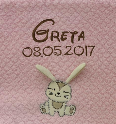 KIDDI-MEDIA Babydecke mit Name und Geburtsdatum Bestickt/kuschelig weich / 1A Qualität (Rosa - Hase (Extra Flausch))