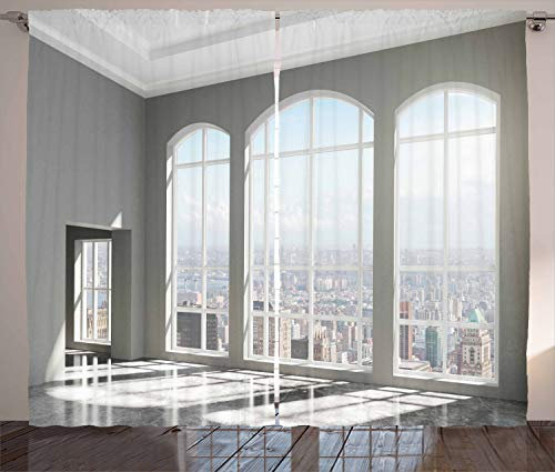 ABAKUHAUS Städtisch Rustikaler Gardine, Sonnenuntergang in New York City, Schlafzimmer Kräuselband Vorhang mit Schlaufen und Haken, 280 x 225 cm, Grau Weiß