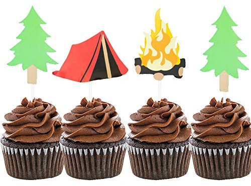 LaVenty Camping Cupcake Toppers Camping Birthday Party Decor Woodlands Party Decor Happy Camper Party Decor Lumberjack Party Decor