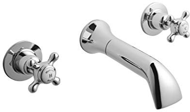 Old London BC317DX Topaz | Traditional Bathroom 3 Tap Hole Wall Mounted Basin Mixer Tap with Crosshead Handles and Domed Collars, 55mm x 180mm, Chrome/White