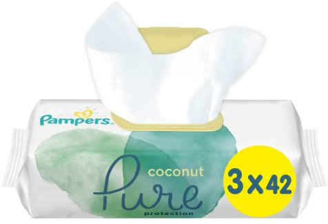 Pampers Coconut Pure Feuchttücher 3 Packungen à 42 = 126 Feuchttücher mit Kokosnussöl für eine sanfte Reinigung und angenehmen Schutz