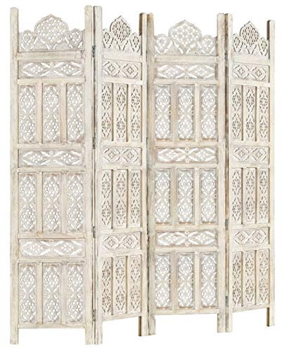 Festnight Cloison de Séparation 4 Panneaux Paravent Intérieur Style Classique 160x165 cm Blanc Bois de manguier