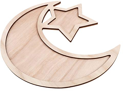 BHGT Eid Mubarak Tischdeko Teller für Ramadan Bayram Holz Serviertablett Islam Eid Mubarak Teller Partyzubehör Mond Stern Form Küche Aufbewahrung Ramadan DIY Tischdeko