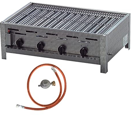 BSR-Grillen 4-flammiger Profi Gasgrill aus Edelstahl, stufenlos regelbar, Gasbräter, Gastrogrill, Gastrobräter mit Gasschlauch und Druckminderer (18,0 kW | Edelstahl Grillrost zerlegbar)