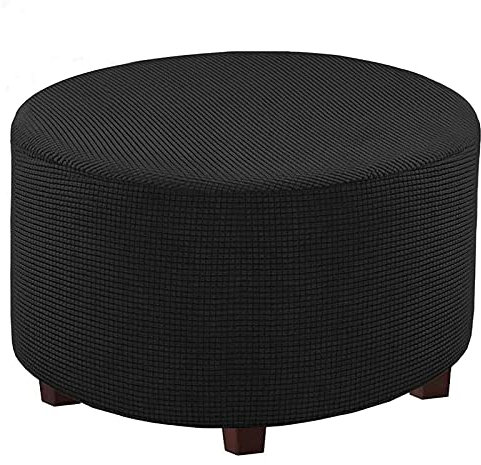 BXFUL Runde Stretchhussen für Ottomane, Jacquard, weicher Fußhocker, waschbar, elastisch, faltbar, für Wohnzimmer, Größe M, Schwarz