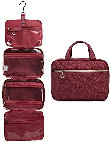 Kulturbeutel zum Aufhängen, LOVEVOOK wasserdichte Kulturtasche Damen Faltbare Waschtasche Kosmetiktasche Groß mit 360°Drehbare Haken, Rot