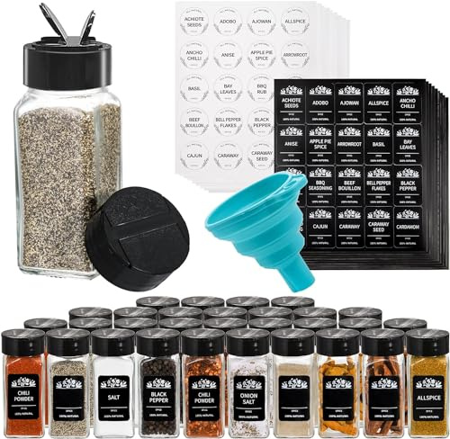 Tebery 30 Pack Glass Spice Jars, 4oz Spice Glass Bottles with Black Caps, Empty Spice Containers Shakers Complete Organizer Set Includes Shaker Lids, Wide Funnel and Labels