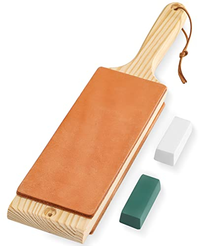 Angerstone Oversize Double Sided Leather Strop Kit(3 Knife Stropping Leather)with Ergonomic Handle - Knife Strop for Sharpening Knives, Wood Carving Chisels, Buffing Compound Included