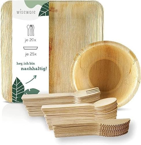Wiseware Palmblatt Geschirrset - 25 Palmblatt Teller & Schalen, 20 Messer, Gabel & Löffel aus Holz - Biologisch abbaubares Einweggeschirr aus Palmblatt & Holz 110-teilig