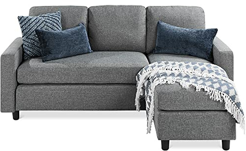 Best Choice Products Upholstered Sectional Sofa for Home, Apartment, Dorm, Bonus Room, Compact Spaces w/Chaise Lounge, 3-Seat, L-Shape Design, Reversible Ottoman Bench, 680lb Capacity - Gray