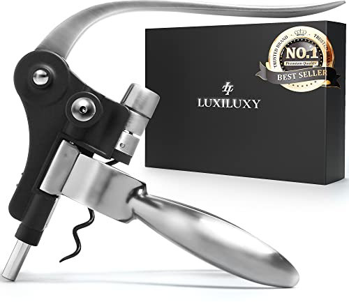 Wine Bottle Opener Corkscrew Set – Luxiluxy [2021 Upgraded, Does NOT Break!] Including Foil Cutter, Stopper, Stand and Extra Spiral - corkscrews Set- kit, Elegant Silver