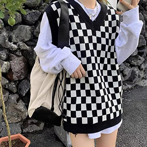 LIUYUYOUGO Sweater Vest,Frauen Strickpullover Weste Mode Schwarz-Weiß Geometrische Plaid V-Ausschnitt Herbst Winter Lose Ärmellose Pullover Gilets Pullover Stricken Tank Top Cami Weste Bluse,M