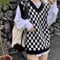 LIUYUYOUGO Sweater Vest,Frauen Strickpullover Weste Mode Schwarz-Weiß Geometrische Plaid V-Ausschnitt Herbst Winter Lose Ärmellose Pullover Gilets Pullover Stricken Tank Top Cami Weste Bluse,M