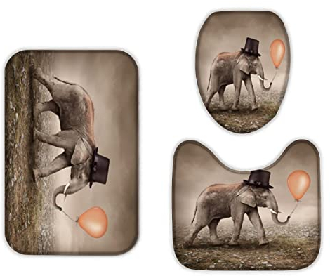 TAOLU Flauschige Mikrofaser Memory Foam 3D Retro Elefant Ballon Badematten Set 50x80 cm 3teilig rutschfest Waschbar Badvorleger mit WC Vorleger Deckelbezug und U-Förmige Badteppich für Badezimmer