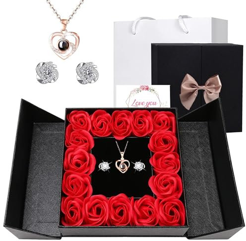 EGEKTBH Gifts for Mum, Preserved Eternal Flowers Rose Gift with 100 Language Love You Necklace and Earring, Artificial Rose for Women Girls for Birthday, Valentines Day, Christmas