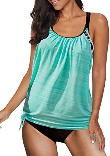 Dokotoo Tankini Damen Bauchweg Bademode Set Zweiteiliger Badeanzug Push up Gepolstert Tankinis Oberteil mit Slip, himmelblau, XXL