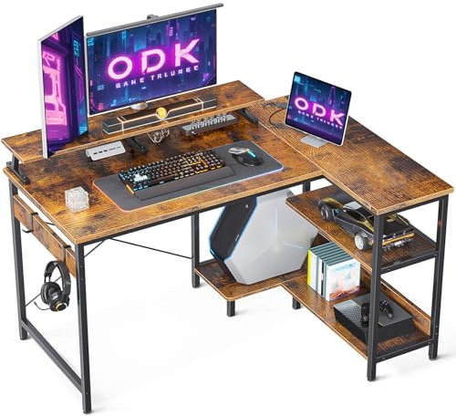 ODK Eckschreibtisch, Schreibtisch mit Regal Reversibel, 120x80x88cm Gaming Tisch L Form Schreibtisch mit Monitorständer, Computertisch PC Tisch Bürotisch für Heimbüro, Braun