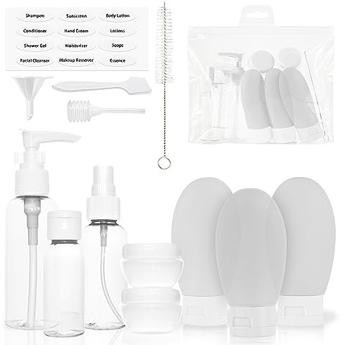MyGadget Kit Viaje Avion [14 Piezas] - Botes y Frascos para Rellenar liquidos - Botellas para cosméticos - Set Toiletries de plastico para Viajar