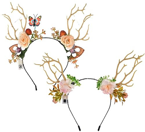 YouYuer 2PCS LED Haarreif Weihnachten Für Erwachsene Kinder,Rentier Geweih Haarreif mit Blumen Weihnachten Haarschmuck Elchgeweih Weihnachts Kopfschmuck Weihnachtskopfbedeckung Weihnachtshaarreifen