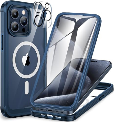 CENHUFO Compatible with iPhone 15 Pro Case Built-in Glass Screen Protector with Camera Lens Protector, 360°Full Body Heavy Duty Protective Phone Case for iPhone 15 Pro Case Shockproof -Dark Blue