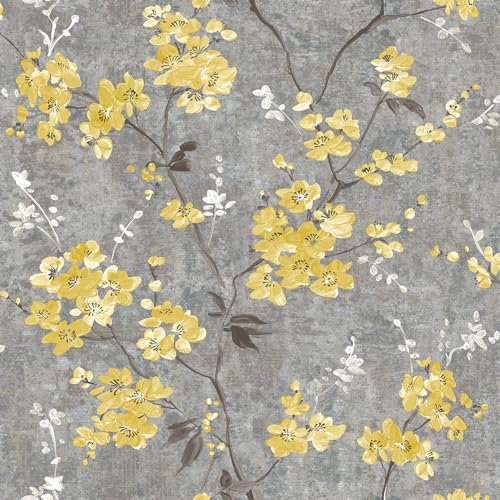 Grandeco Paul Moneypenny Ochre Anethe Blossom Trail Textured Charcoal Wallpaper