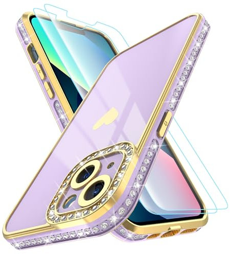 Pilaru Compatible with iPhone 13 Case [with 2 Screen Protector],iPhone 13 Heart Pattern Glitter Bling Diamond Cover for Women,Soft TPU Bumper Shockproof Protective Phone Case for iPhone 13,Purple